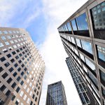 Looking up at business buildings in downtown New York, USA